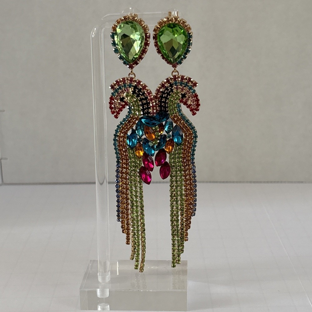 Elegant Multicolor Rhinestone Bird Parrot Dangle Earrings 5 inch Long